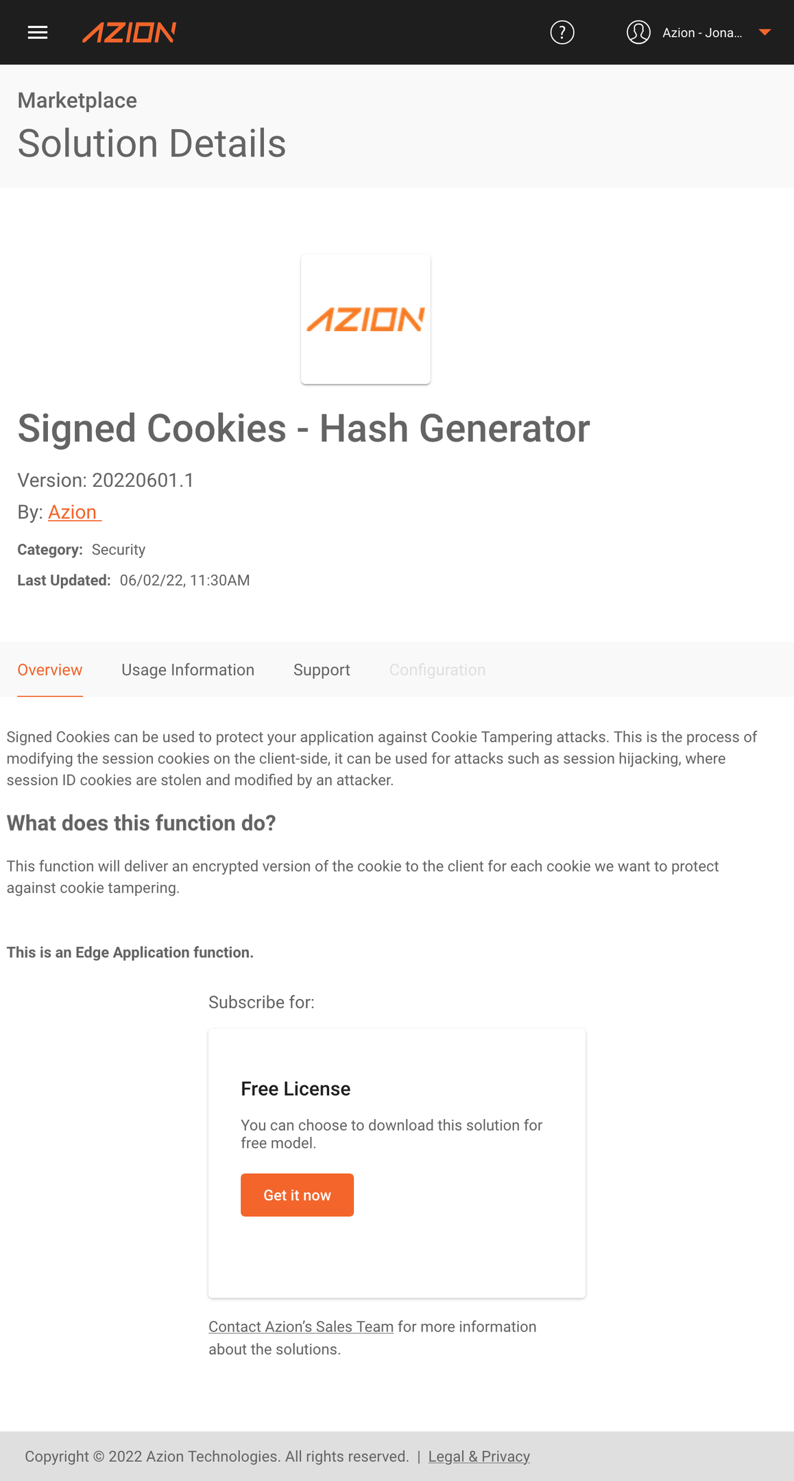 Solução Signed Cookies do Marketplace da Azion Imagem com card da solução Signed Cookies do Marketplace da Azion