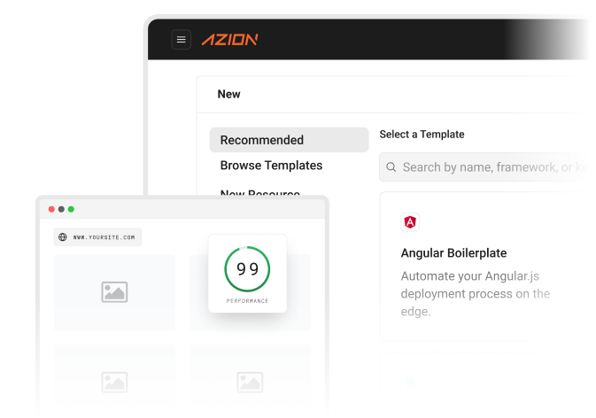 Tela da solução Azion Templates, com ferramentas relacionadas ao caso de uso de sites Jamstack.